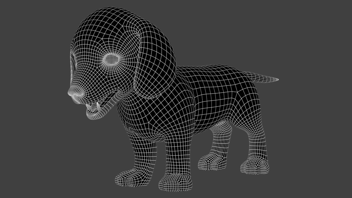 Dachshund puppy 3D model wireframe – subdivision level 1