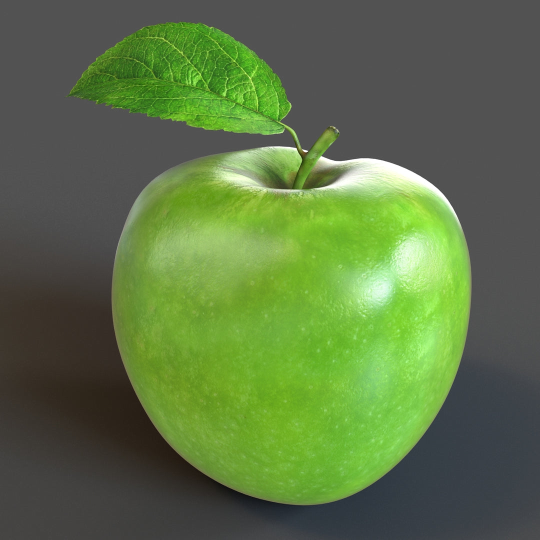Green apple 3d model with a leaf on a dark gray background