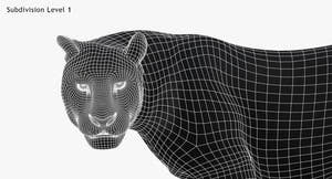 Leopard 3D Model Head Close Up -Wireframe View Subdivision Level 1 Thumbnail