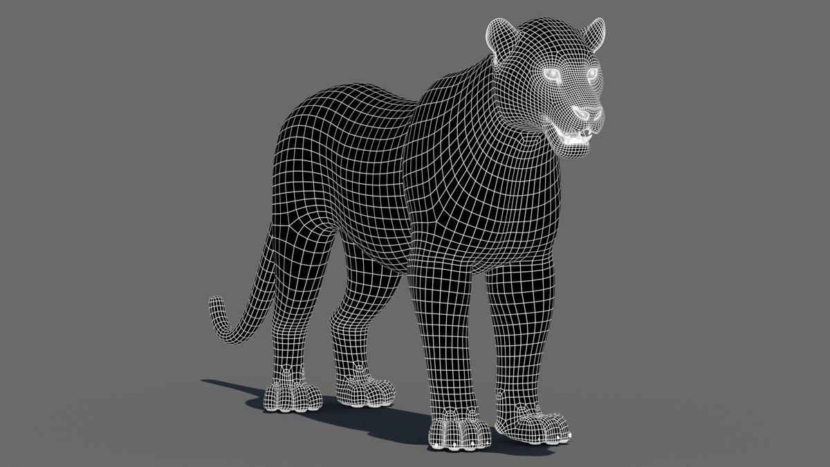 Realistic Leopard 3D Model Wireframe View Subdivision Level 1