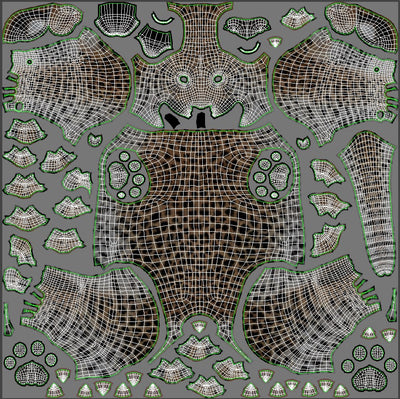 Unwrapped UV layout of the leopard cub 3D model showing texture coordinates