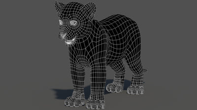 Perspective wireframe view of leopard cub 3D model in walking pose without subdivision
