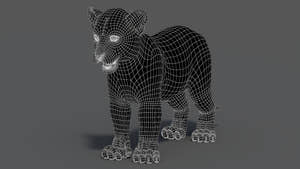 Perspective wireframe view of leopard cub 3D model in walking pose with subdivision level 1 Thumbnail