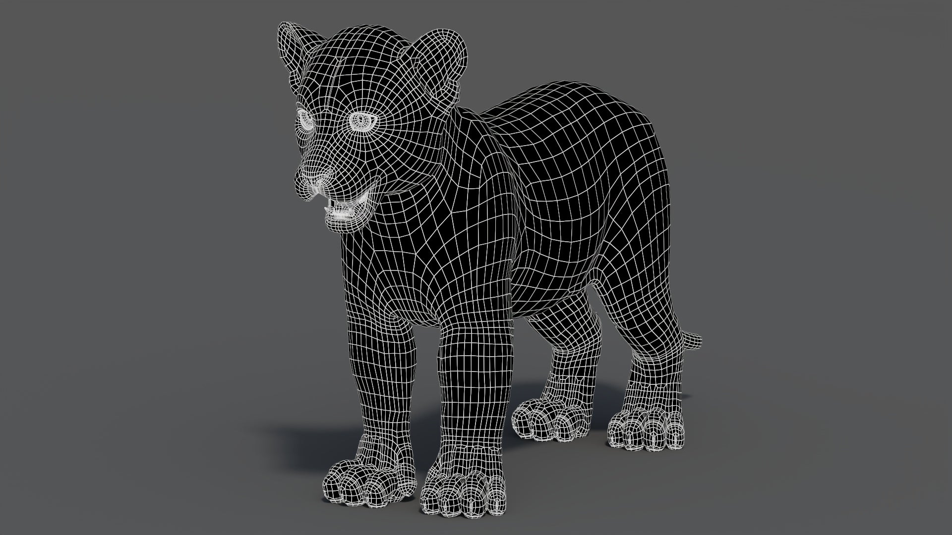 Perspective wireframe view of leopard cub 3D model in walking pose with subdivision level 1