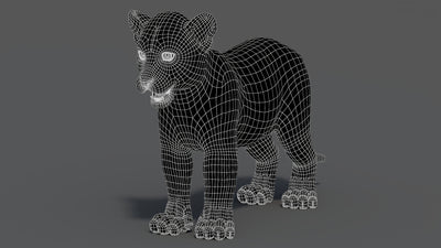 Perspective wireframe view of leopard cub 3D model in walking pose with subdivision level 1