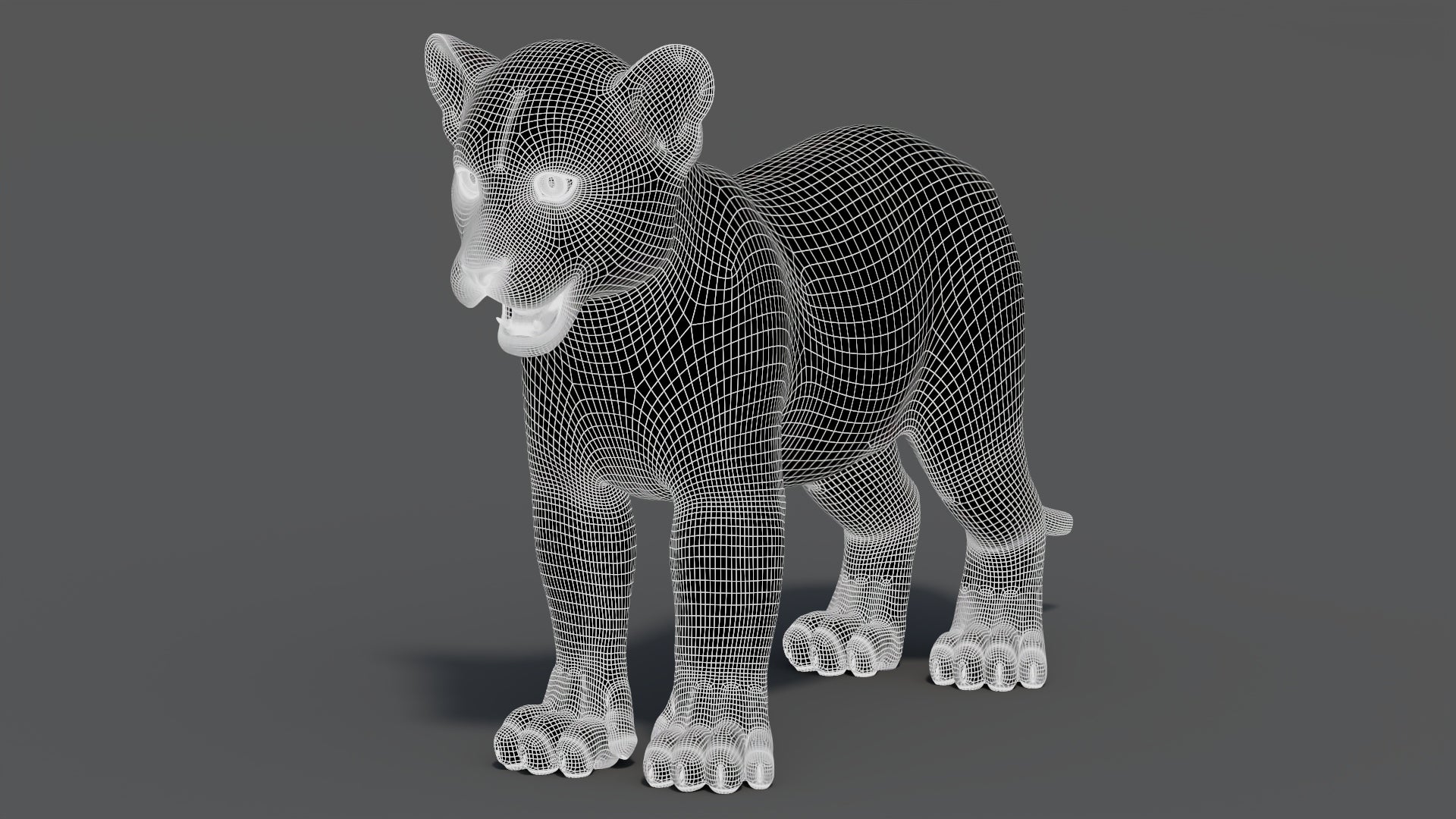 Perspective wireframe view of leopard cub 3D model in walking pose with subdivision level 2