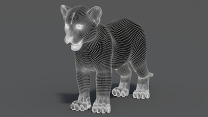 Perspective wireframe view of leopard cub 3D model in walking pose with subdivision level 2