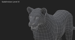 Lion 3D Model Close Up Wireframe View Subdivision Level 0 Thumbnail