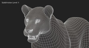 Lioness 3D Model Wireframe View - Subdivision Level 1 Thumbnail
