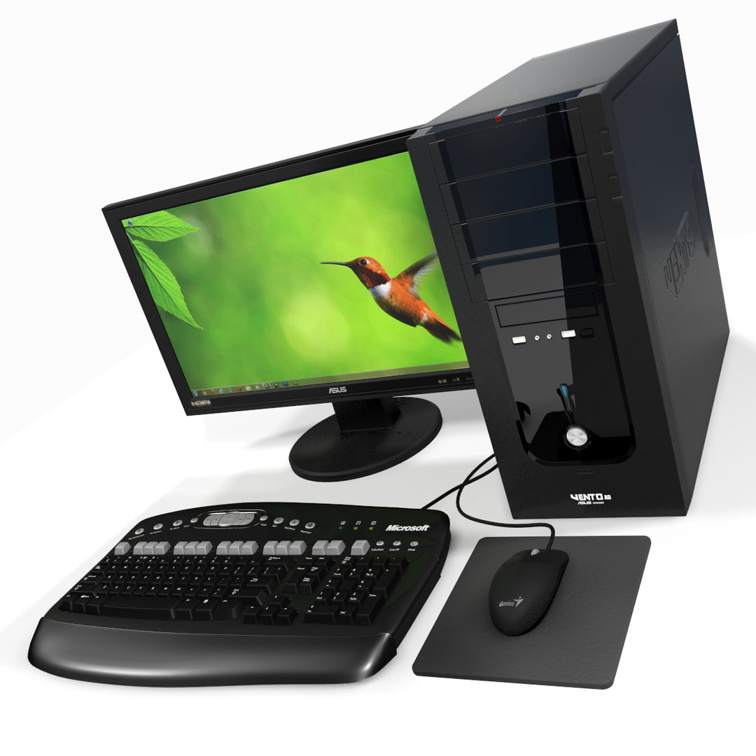 Computer setup with monitor, keyboard, mouse, and mouse pad on a white background