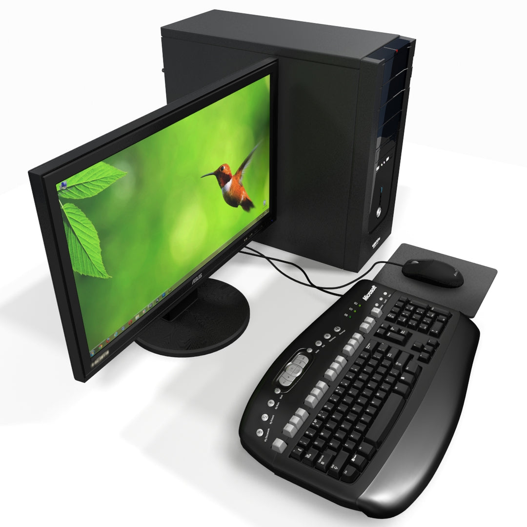 Computer monitor, keyboard, and mouse on a white background