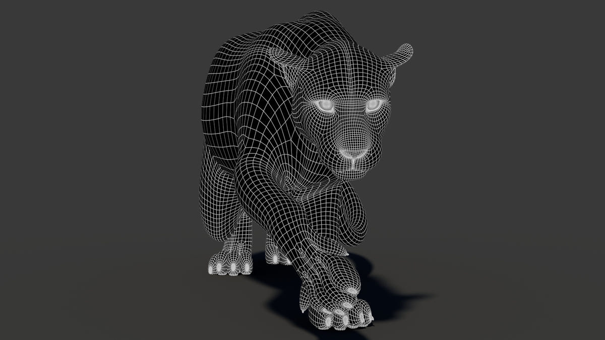 Rigged Leopard 3D Model Wireframe View Subdivision Level 1