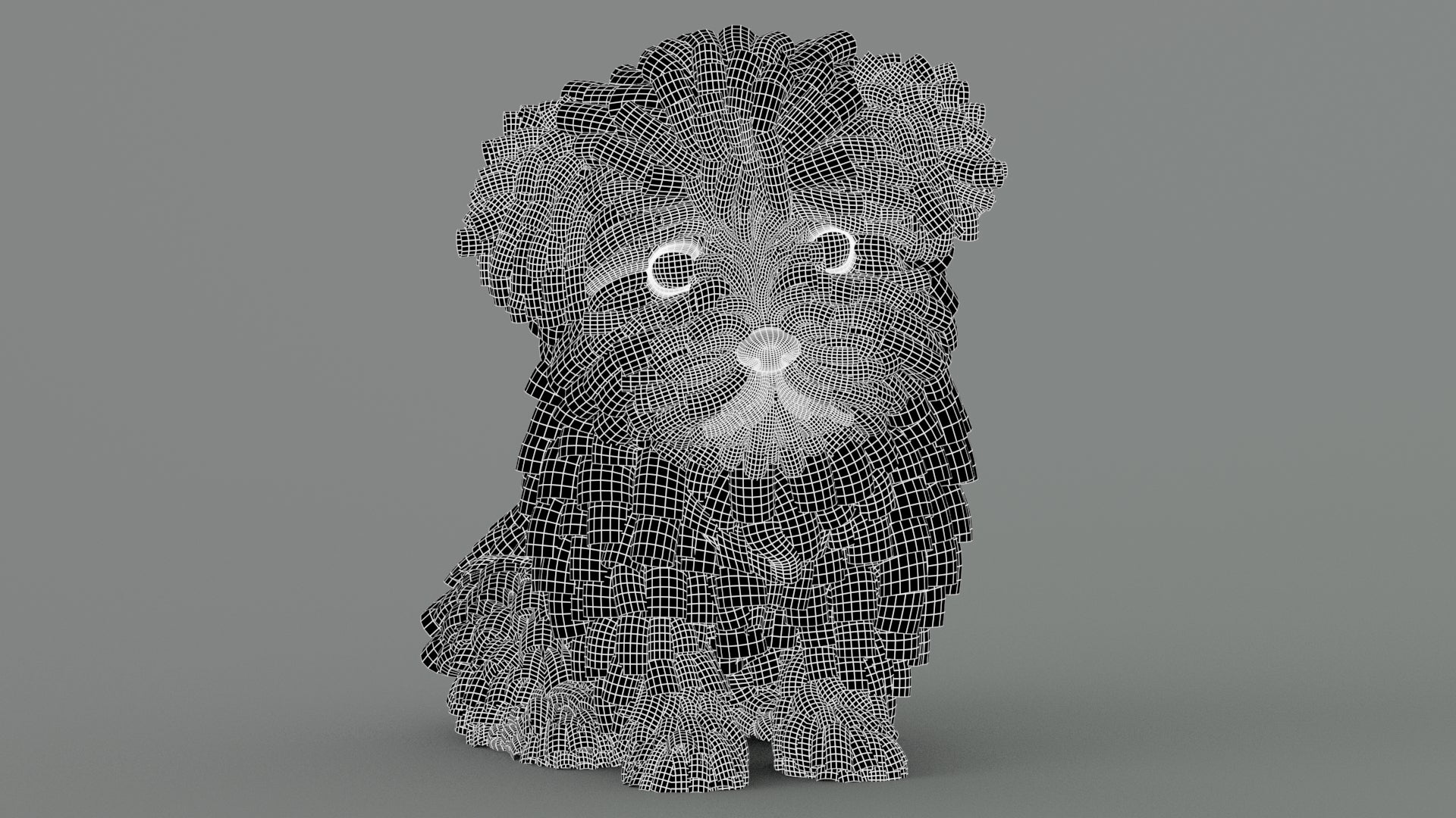 Maltipoo Dog Puppy Polygonal Fur 3D Model Wireframe View Sibdivision Level 1