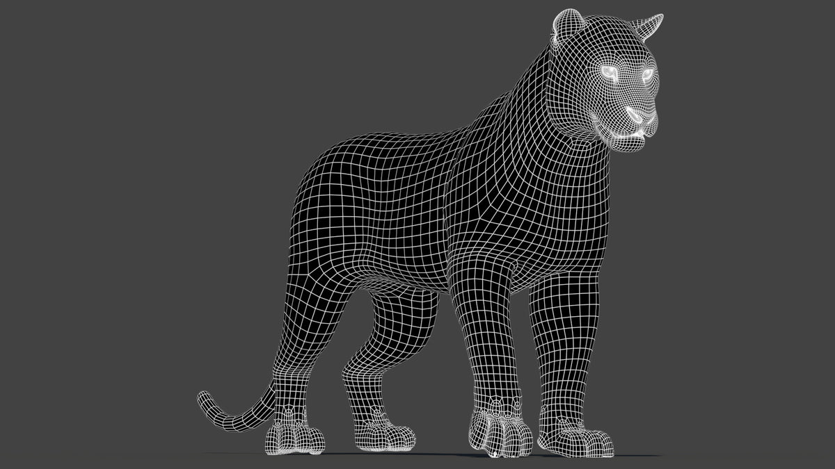 Rigged Tiger 3D Model Wireframe View Subdivision Level 1