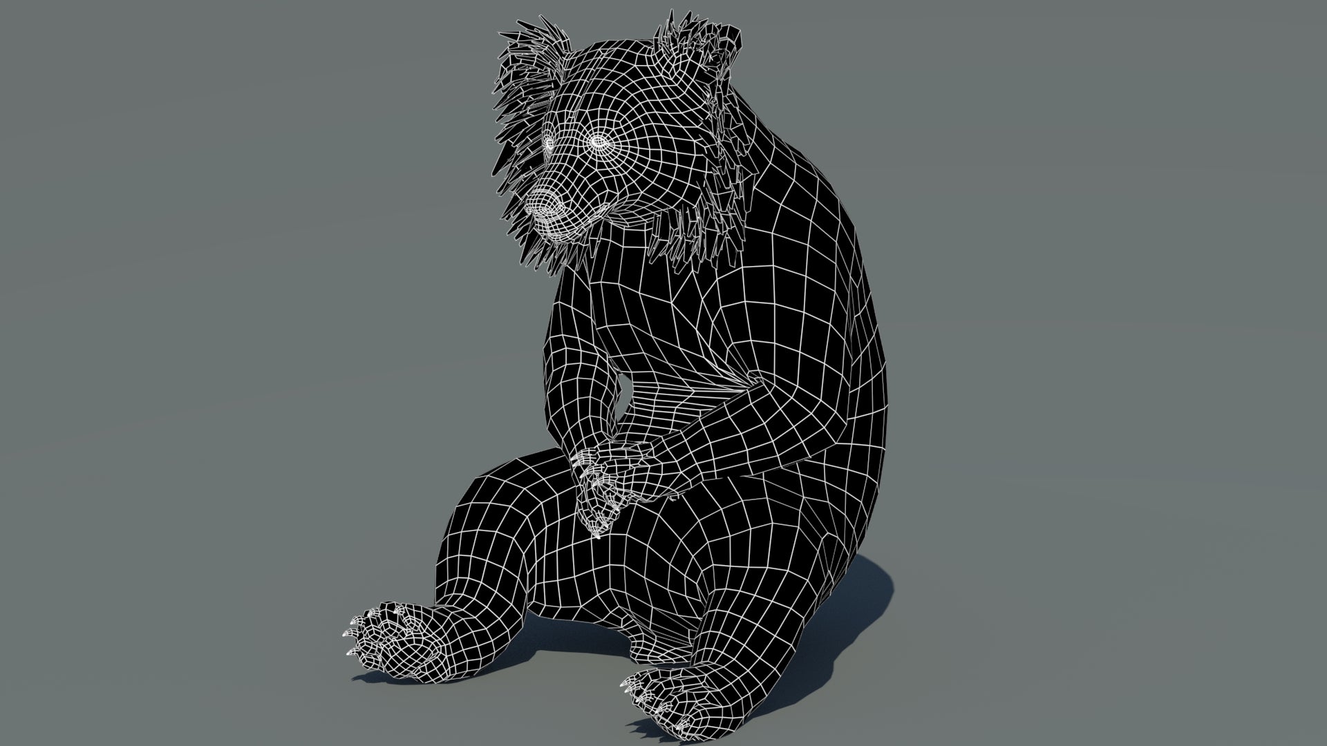3D wireframe model of a sloth bear on a gray background