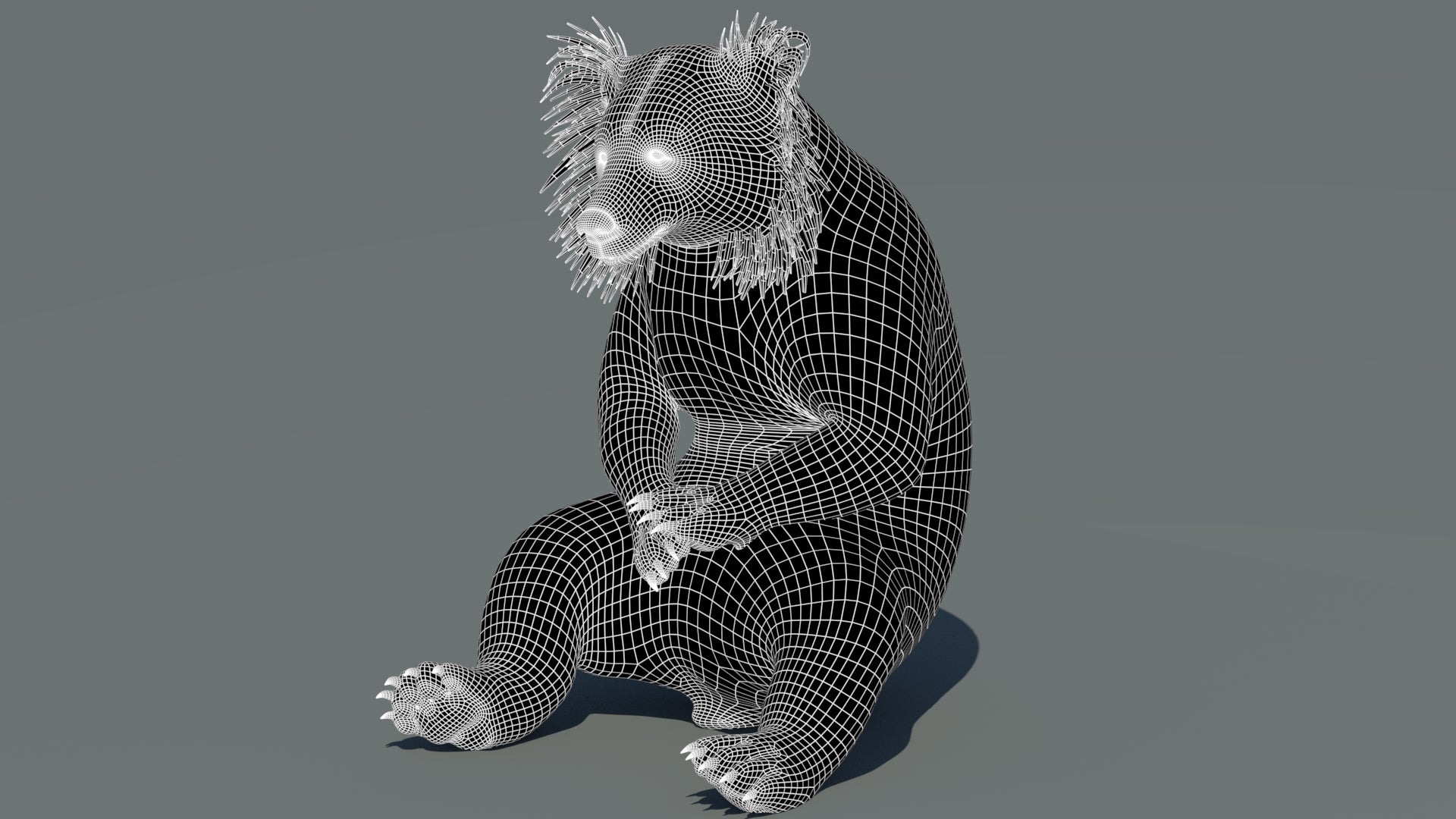 3D wireframe model of a sloth bear on a gray background