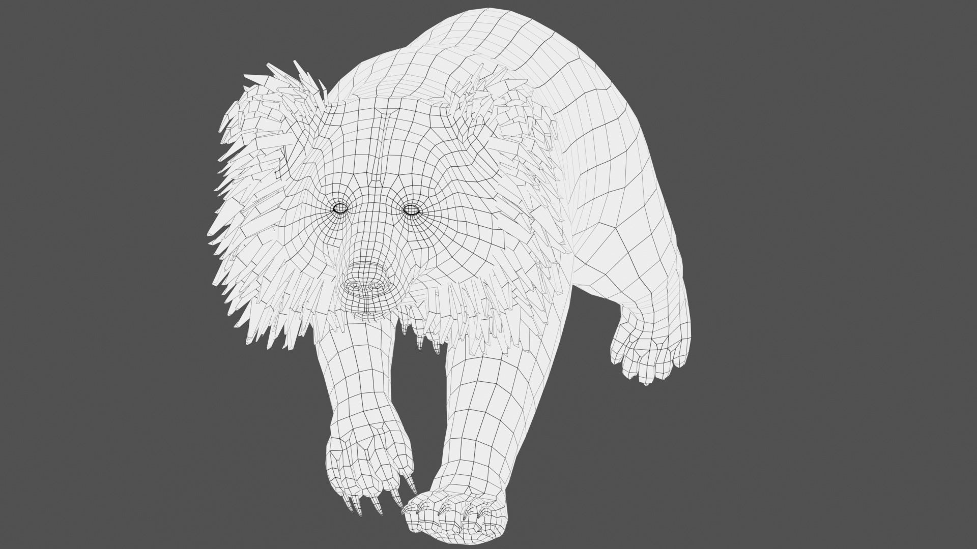 Rigged Sloth Bear 3D Model - Wireframe View Subdivision Level 0