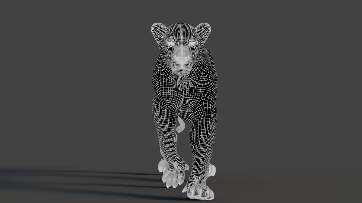 Subdivided Wireframe View of Walking Lion 3D Model – Smooth Topology Preview