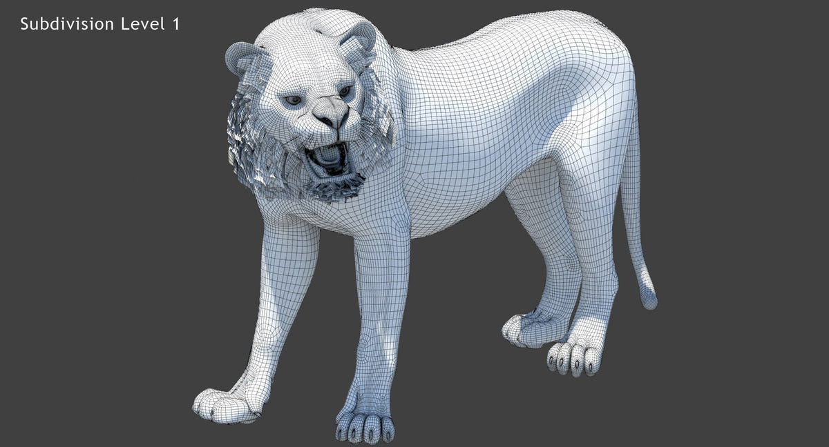 Tiger 3D Model Wireframe View Subdivision Level 1