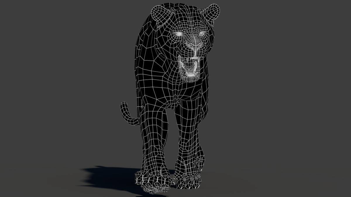 Sumatran tiger 3D model wireframe, quads-only topology at subdivision 0