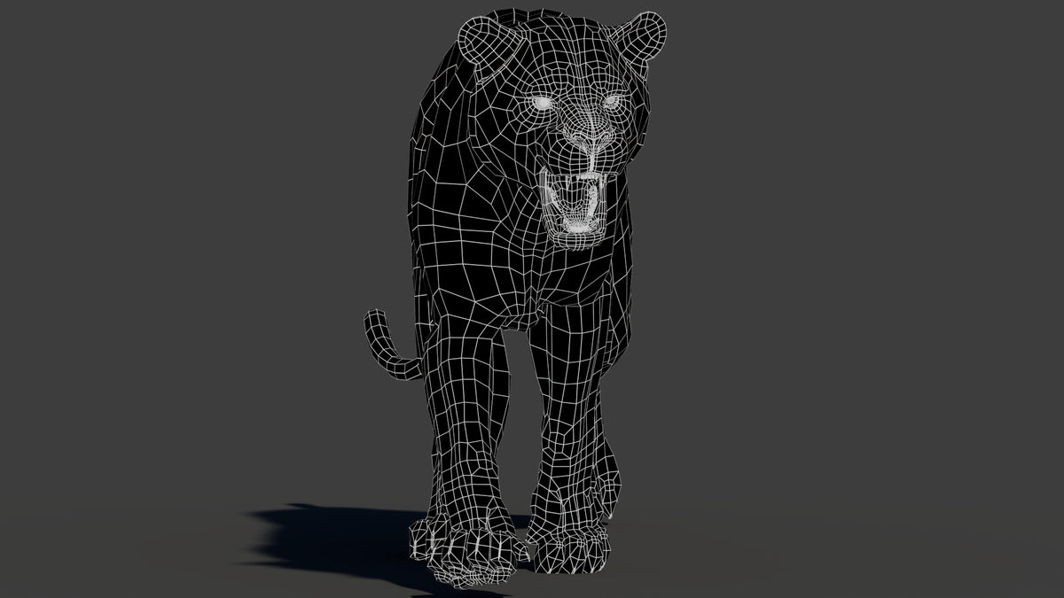 Sumatran tiger 3D model wireframe, quads-only topology at subdivision 0