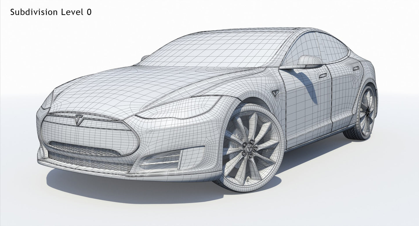 2014 Tesla Model S 3D Model Wireframe View Subdivision Level 0