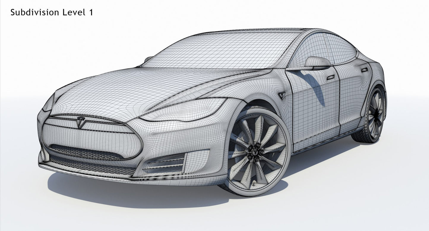 2014 Tesla Model S 3D Model Wireframe View Subdivision Level 1