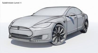 2014 Tesla Model S 3D Model Wireframe View Subdivision Level 1