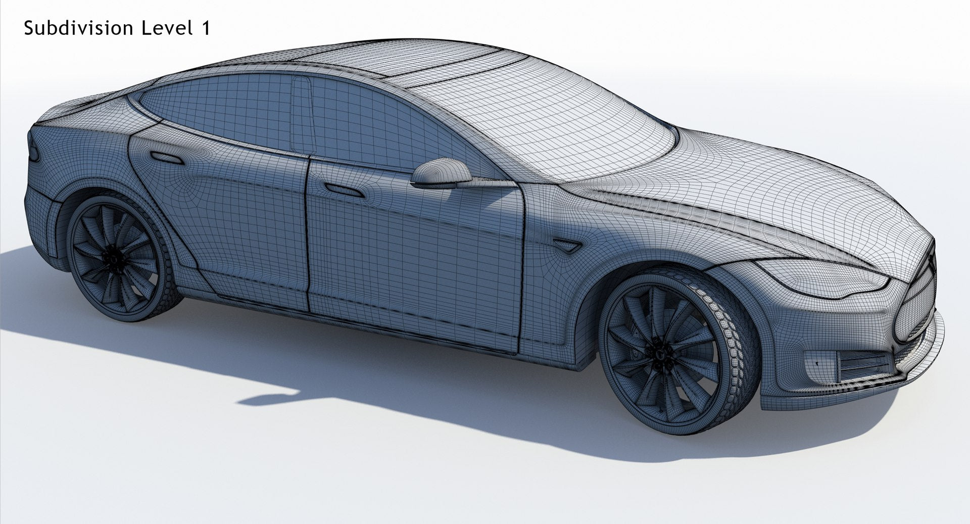 2014 Tesla Model S 3D Model Wireframe View Subdivision Level 1