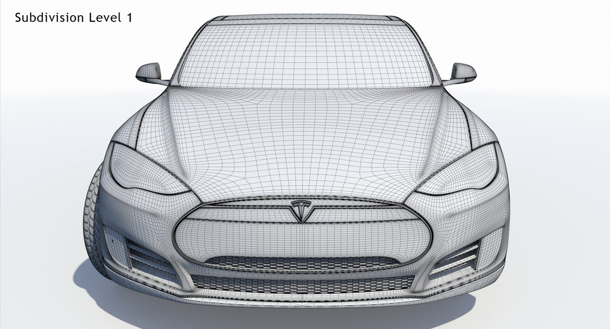 2014 Tesla Model S 3D Model Wireframe View Subdivision Level 1