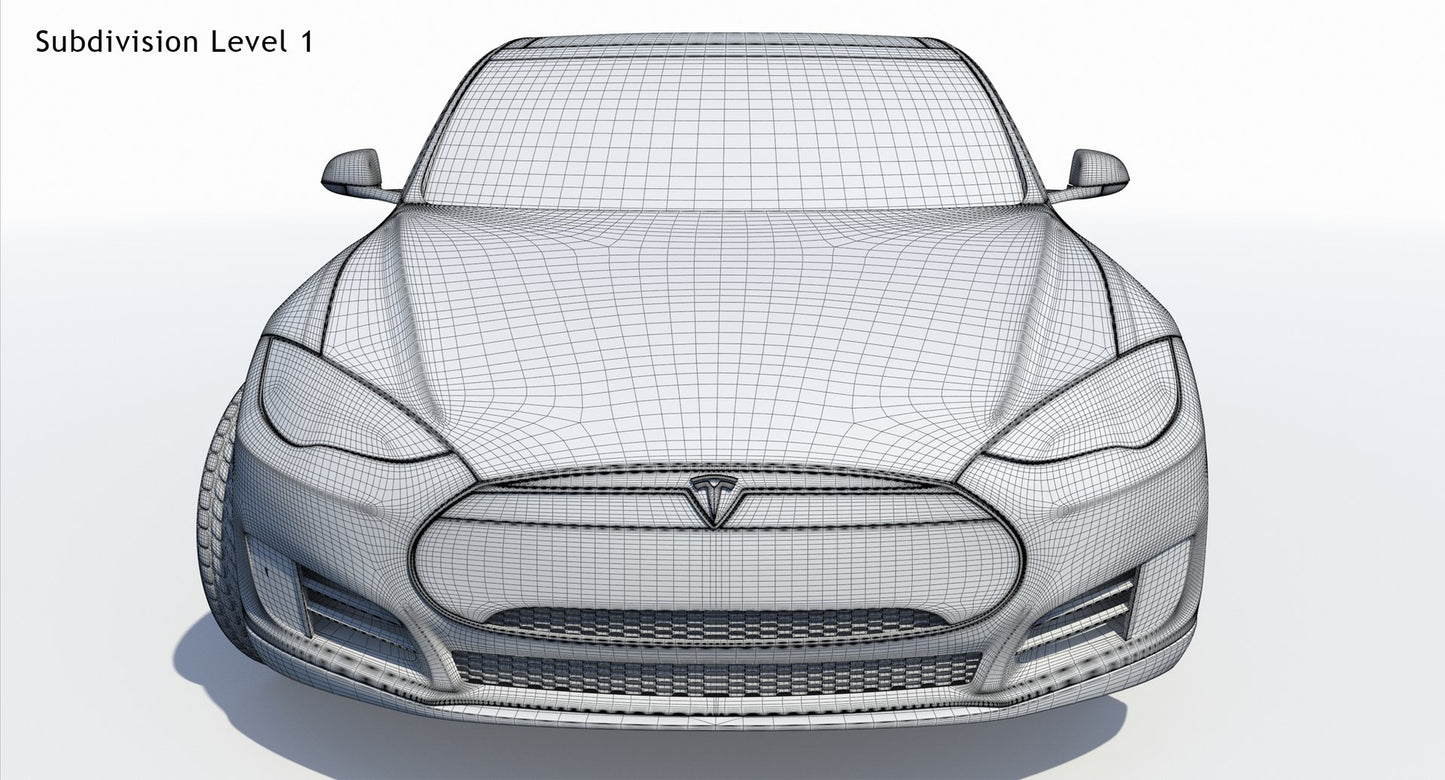 2014 Tesla Model S 3D Model Wireframe View Subdivision Level 1