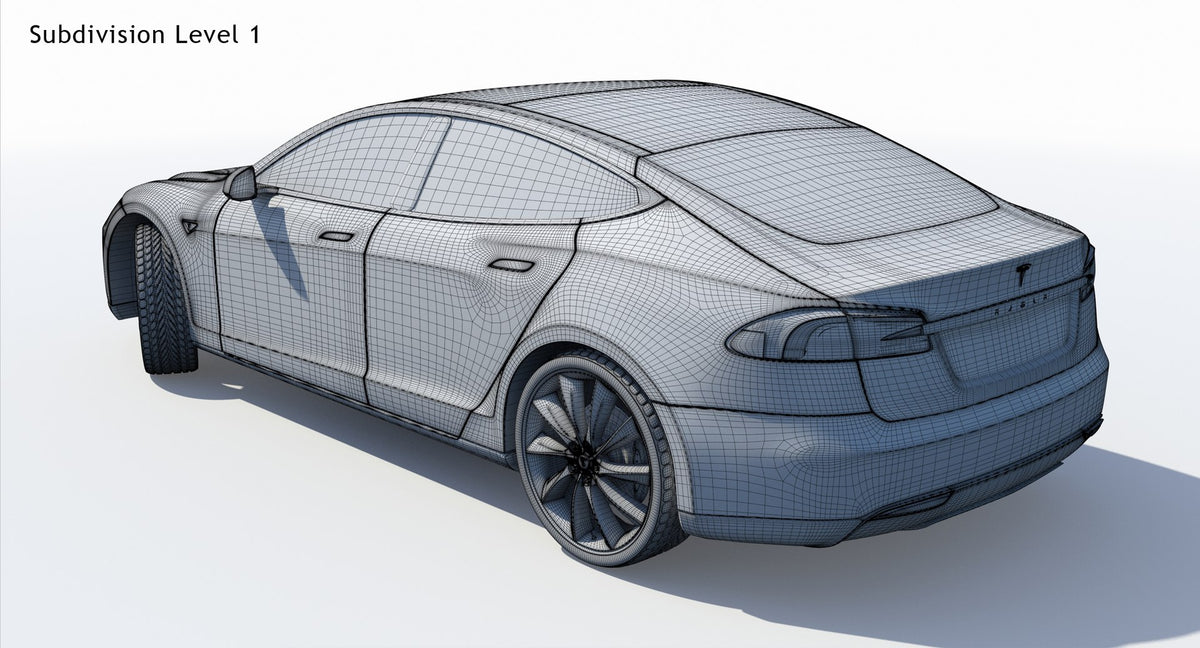 2014 Tesla Model S 3D Model Wireframe View Subdivision Level 1