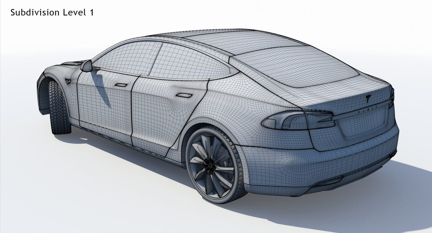 2014 Tesla Model S 3D Model Wireframe View Subdivision Level 1