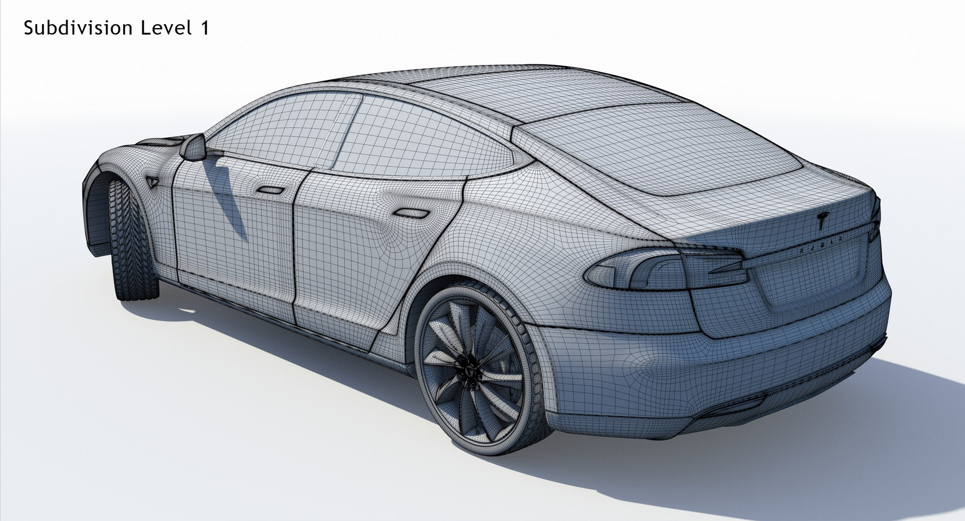 2014 Tesla Model S 3D Model Wireframe View Subdivision Level 1