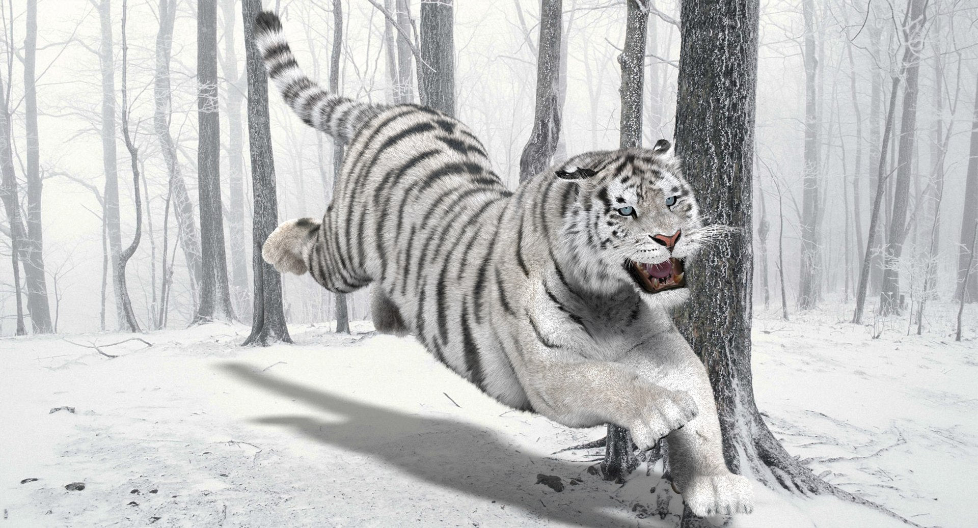 Tiger 3D Model running through a snowy forest