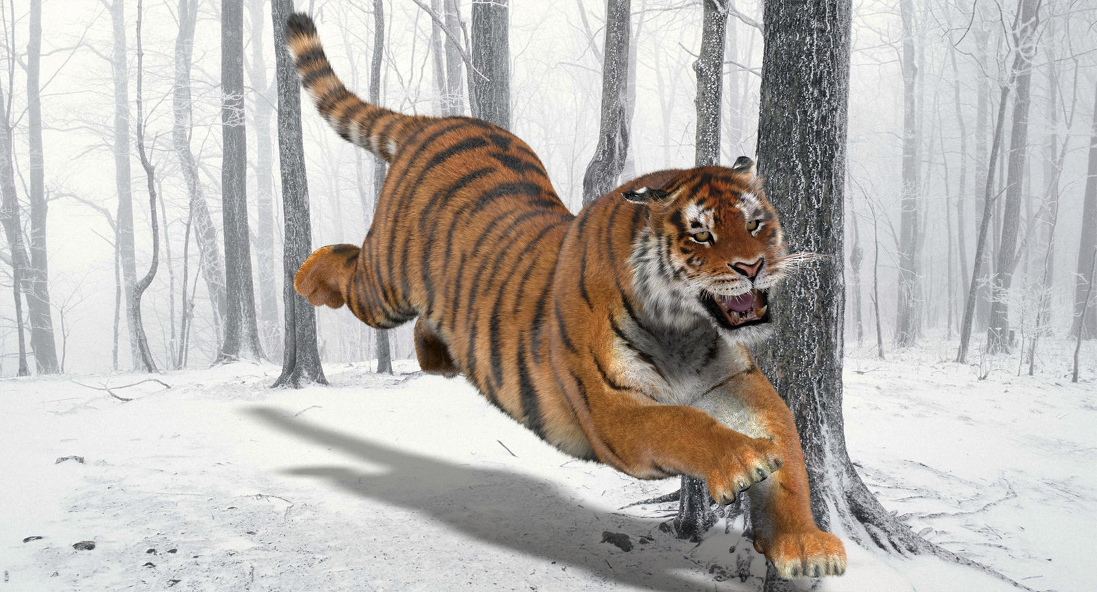Tiger 3D Model running through a snowy forest