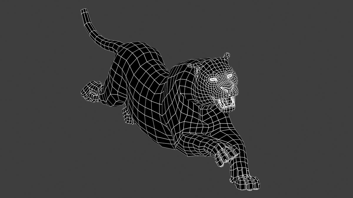 3D wireframe model of a black panther on a transparent background