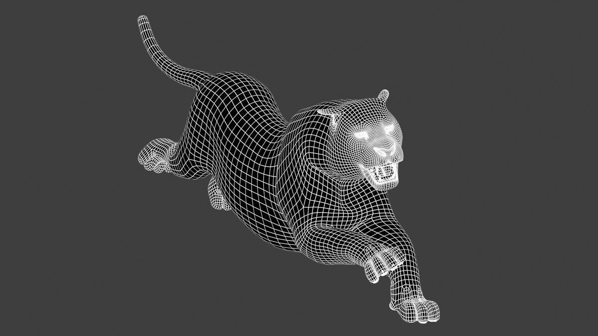 3D wireframe model of a panther on a black background