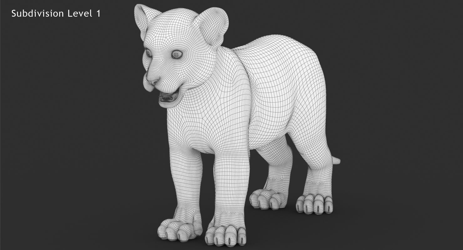 3D model of a baby tiger cub with wireframe mesh on a black background