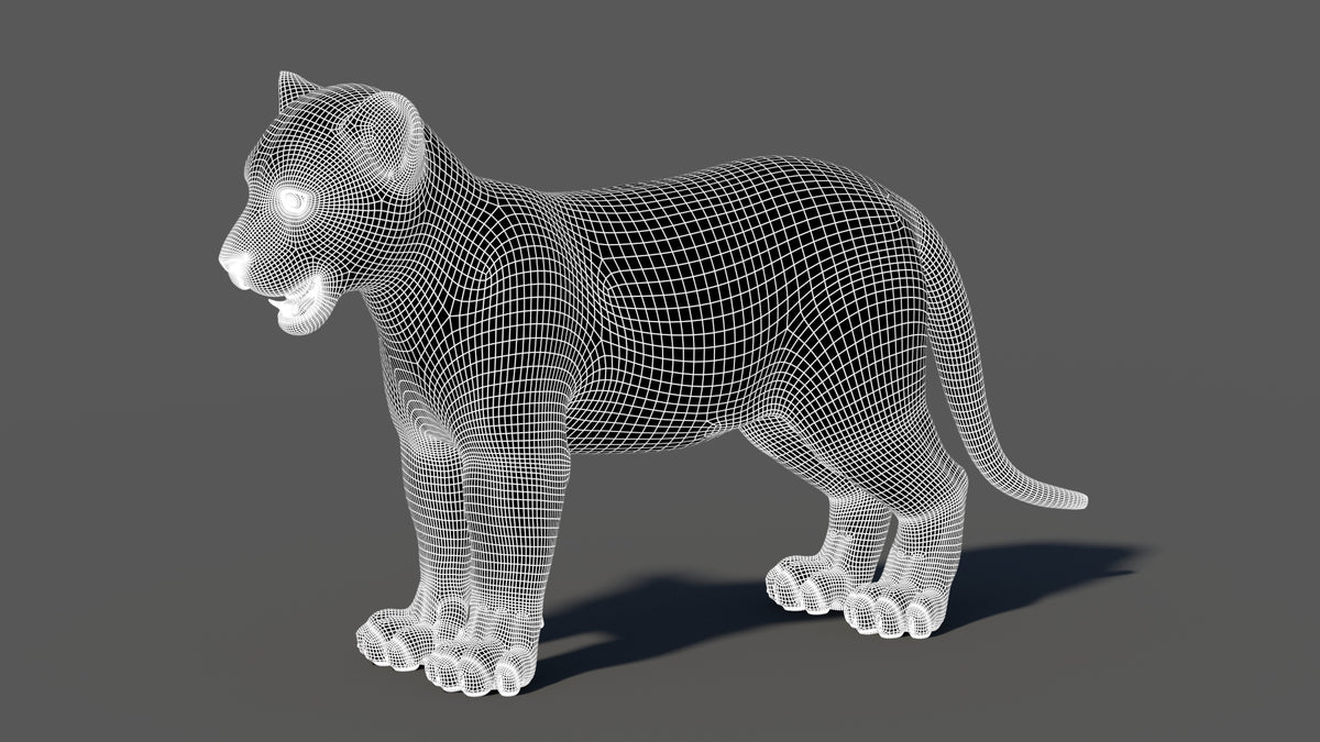 3D wireframe model of a lion on a dark background
