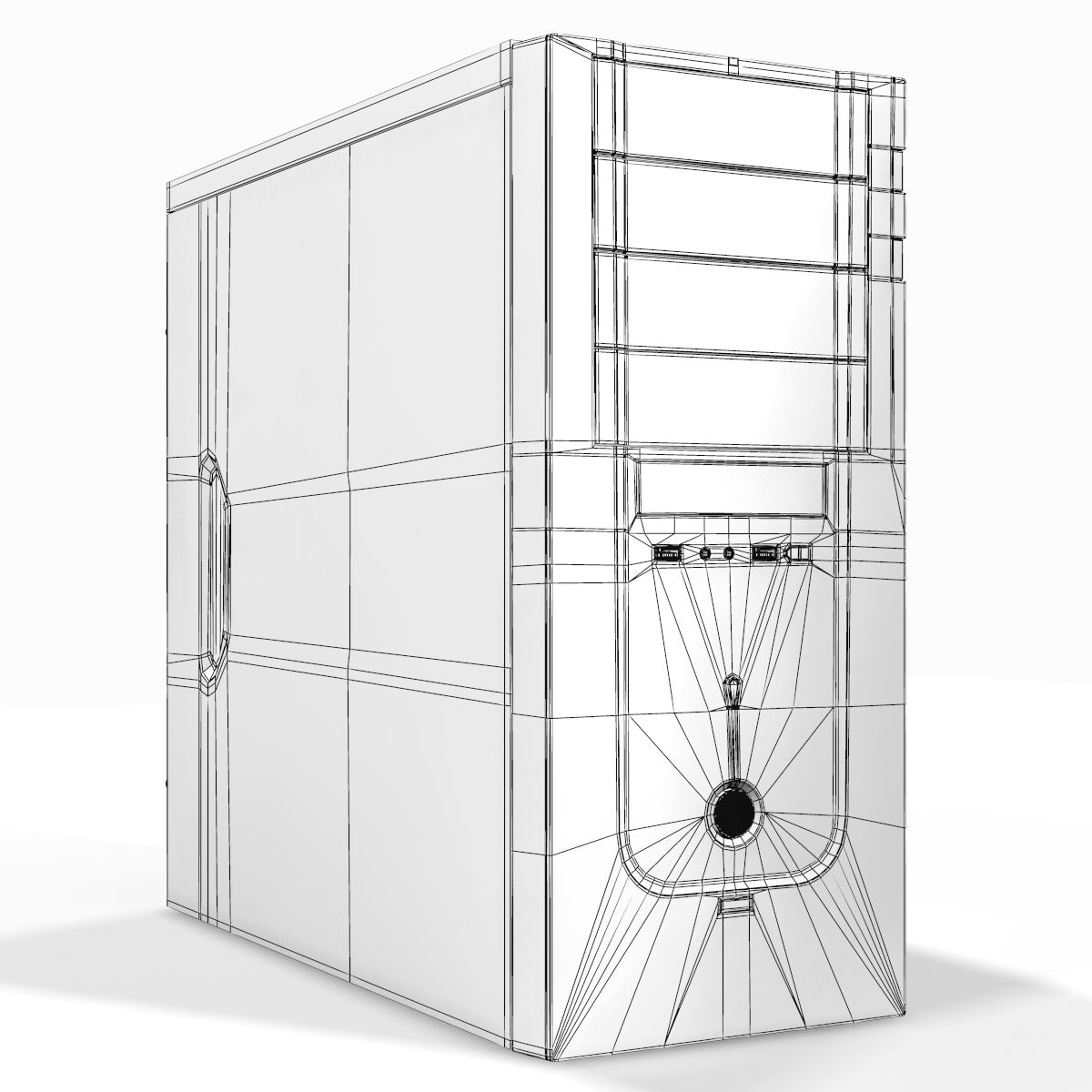 3D wireframe model of a computer case with a door on a white background