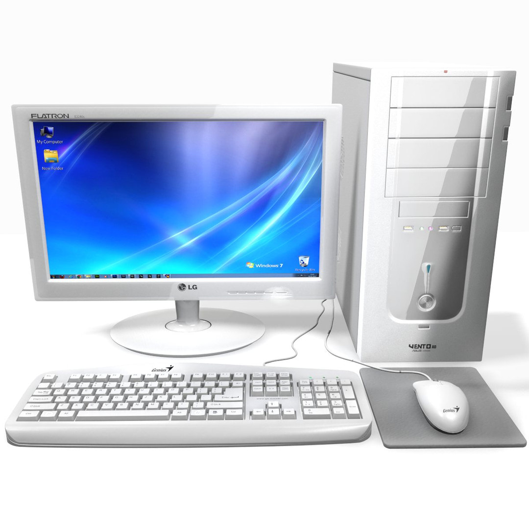 White computer monitor, keyboard, mouse, and tower on a white background