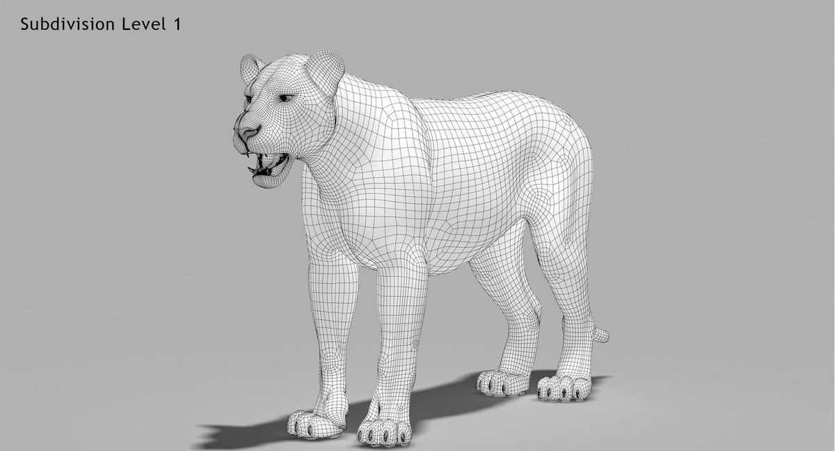 Rigged White Lion 3D Model Body Wireframe View Subdivision Level 1