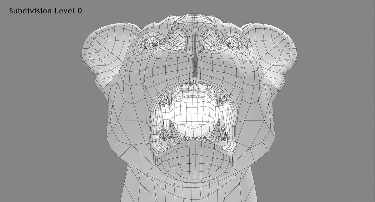 Rigged White Lion 3D Model Head Close Up Wireframe View Subdivision Level 0