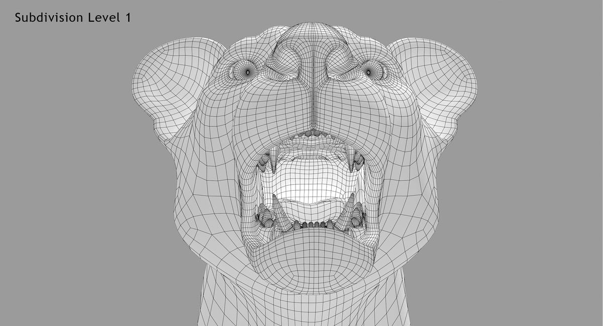 Lion 3D Model Head Wireframe Subdivision 1, Different Angle Showing Mouth