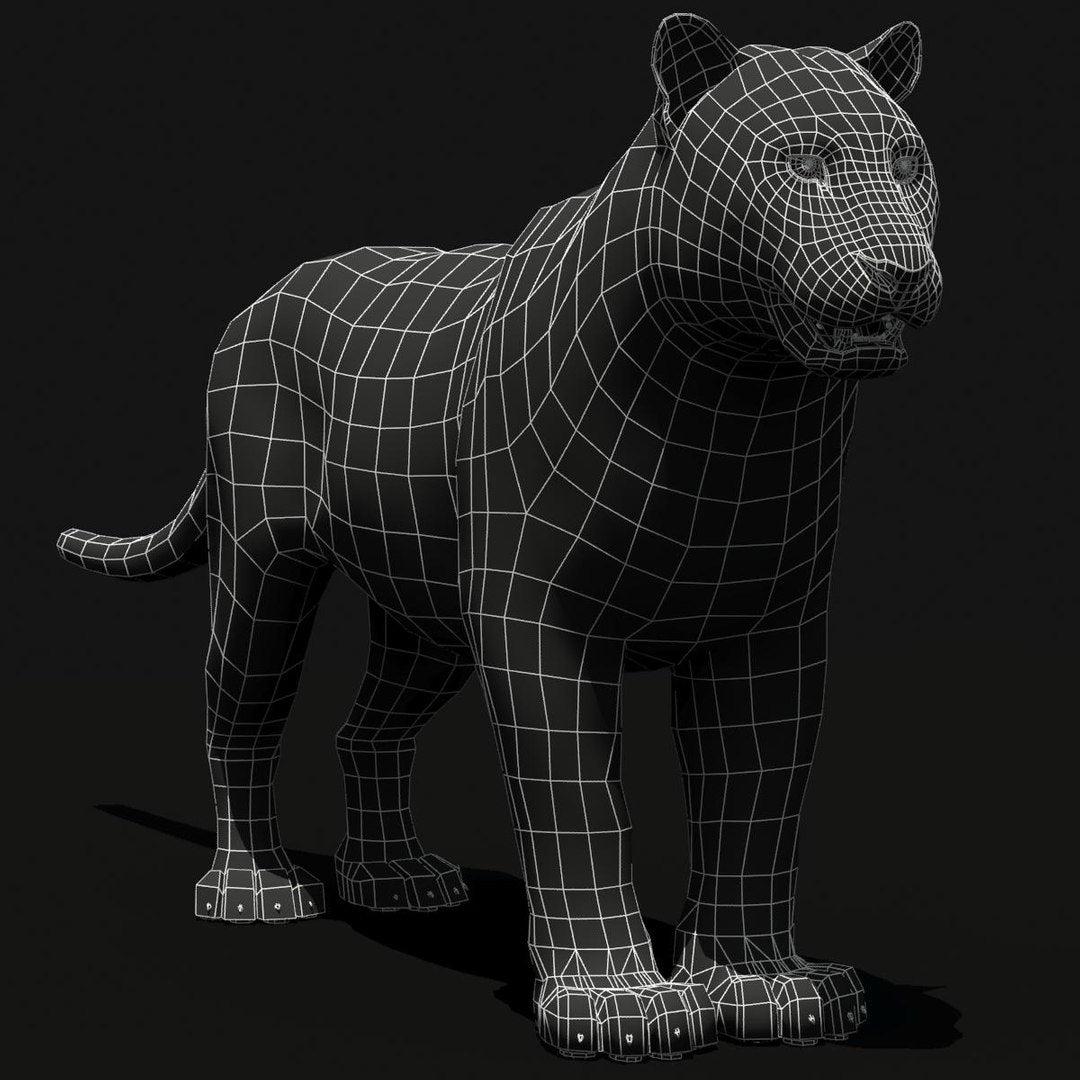 White Tiger 3D Model — Wireframe View (Subdivision Level 0)