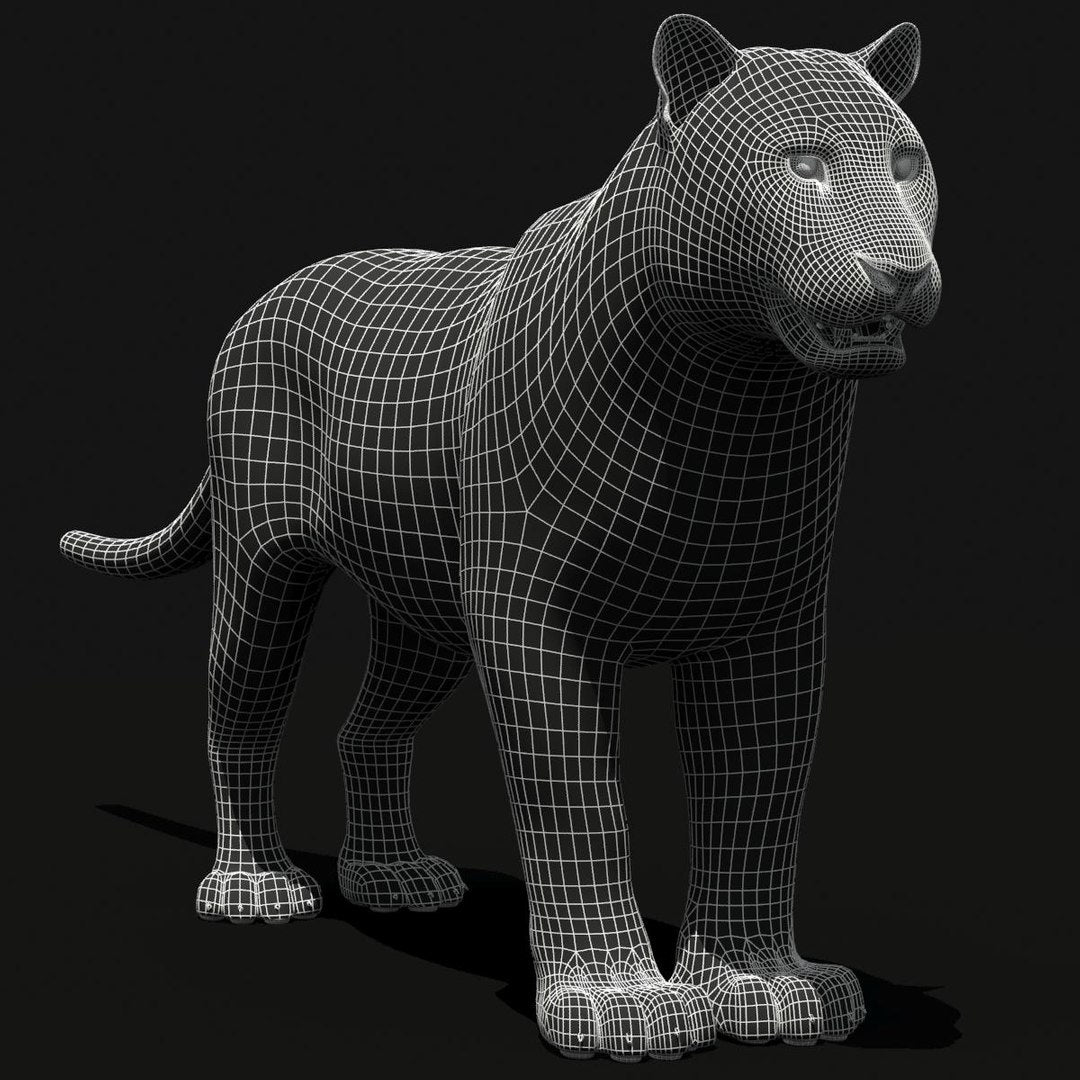 White Tiger 3D Model — Wireframe View (Subdivision Level 1)