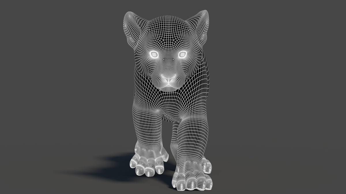 3D wireframe model of a baby tiger on a dark background: Subdivision 1