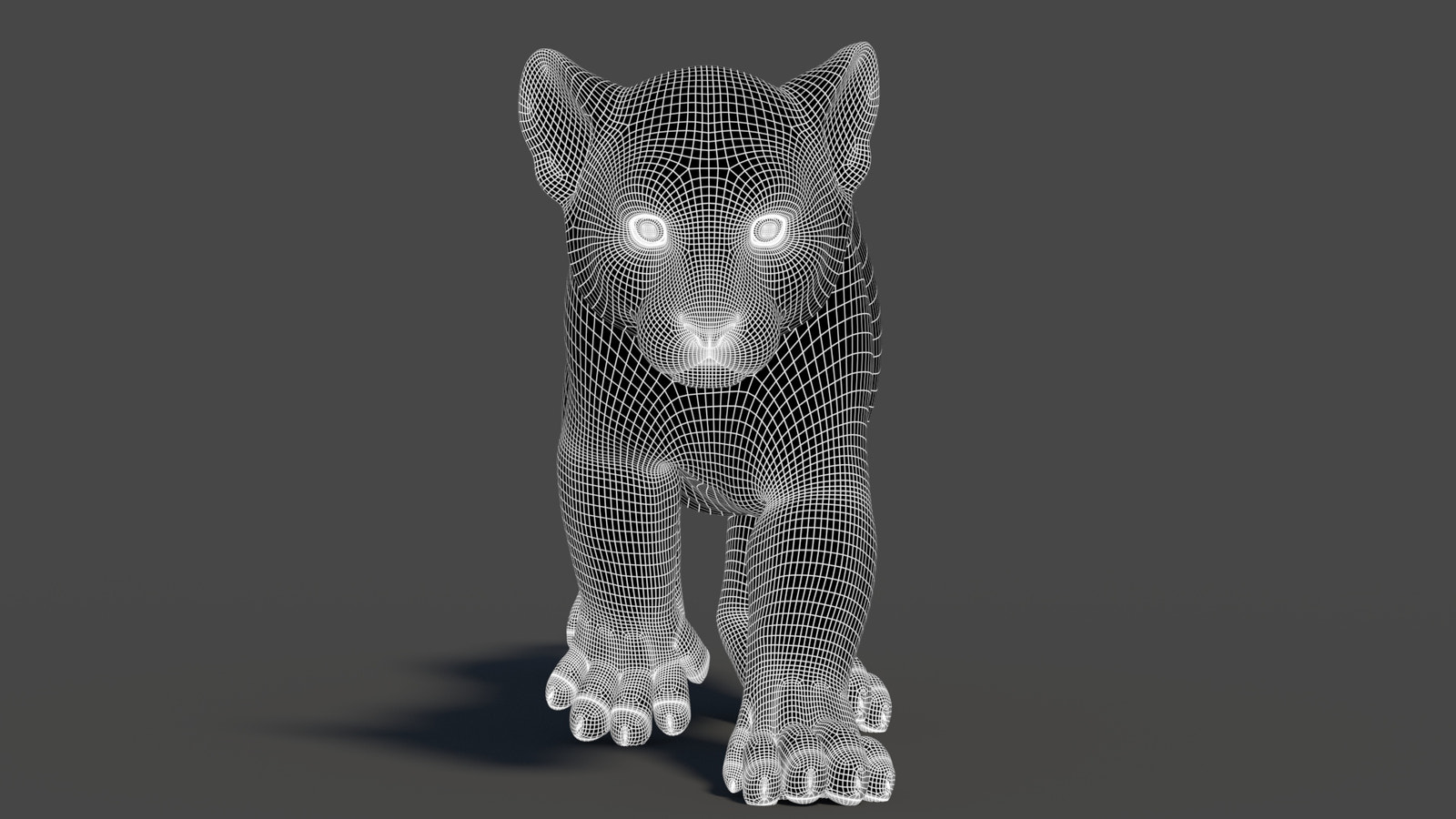 3D wireframe model of a baby tiger on a dark background: Subdivision 1