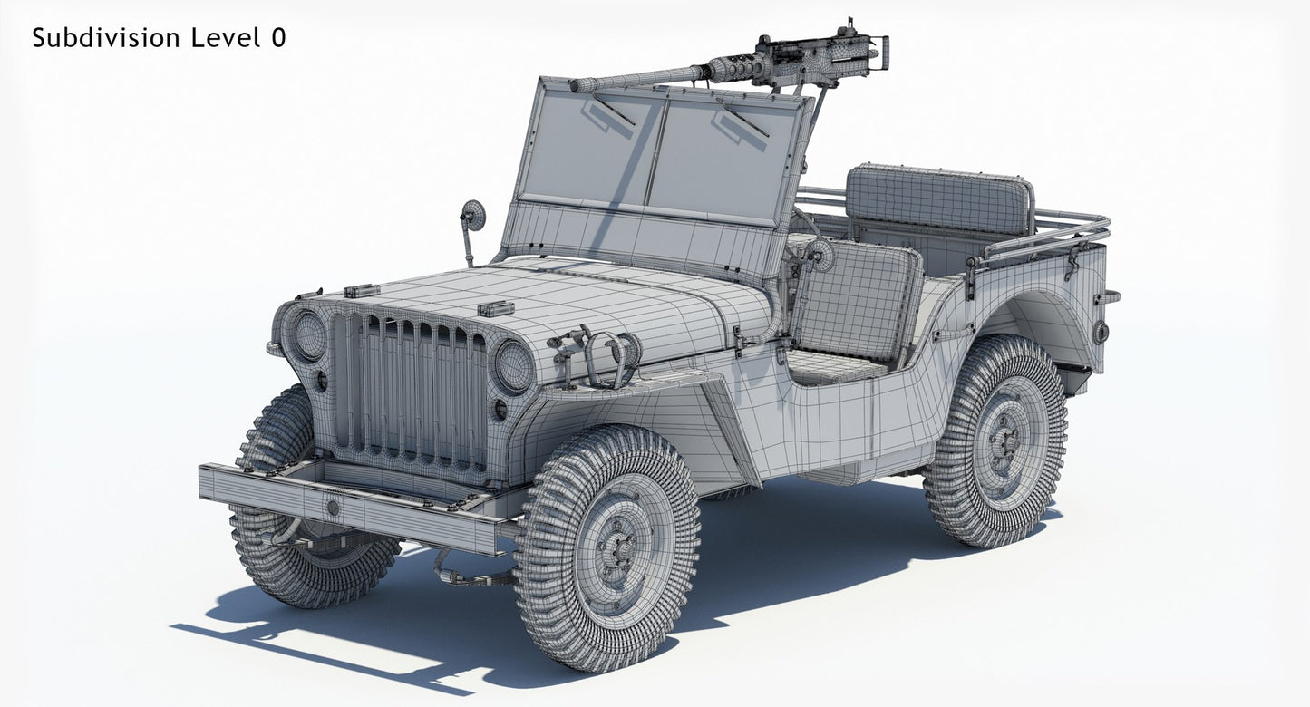 Armored Willys MB Jeep 3D Model Wireframe View Sudivision Level 0